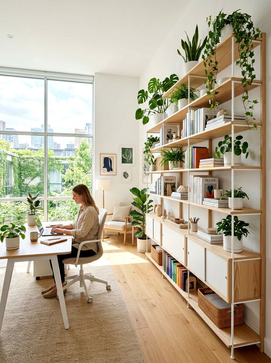 Scandi Light Wood Shelving - 30 office backdrop shelf ideas