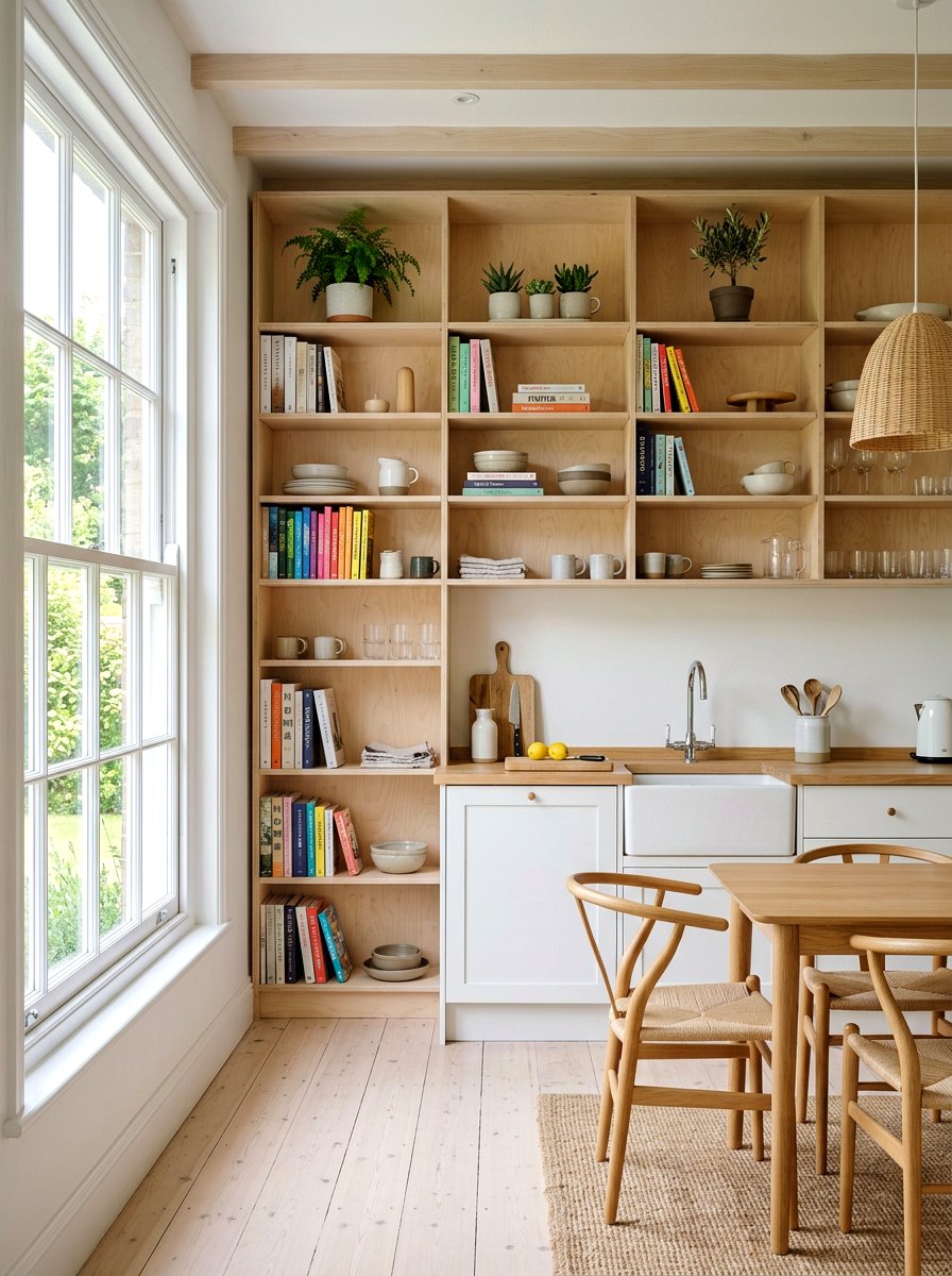 Scandi Plywood Shelf - 30 cookbook kitchen shelf ideas