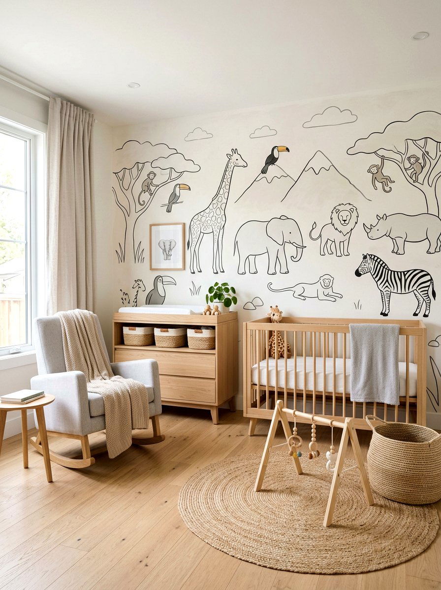 Scandi Safari Nursery Mural - 30 safari wall mural nursery ideas