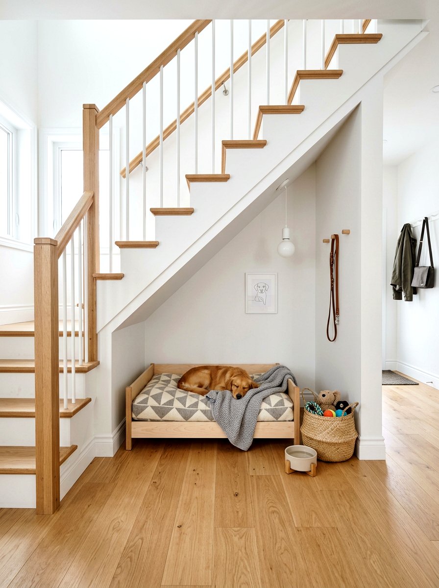 Scandi Style Dog Bed - 30 under staircase pet nook ideas