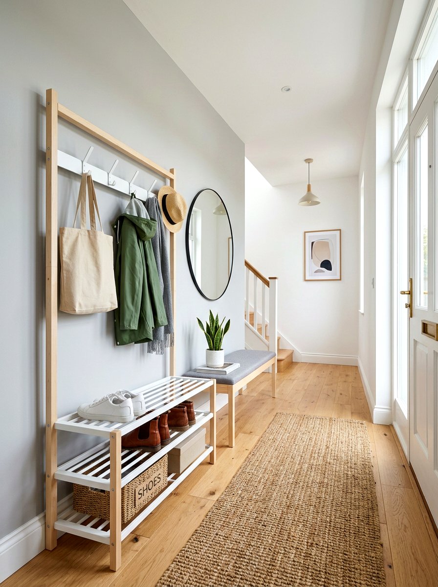 Scandi Style Entryway Rack - 30 open mudroom shelving ideas