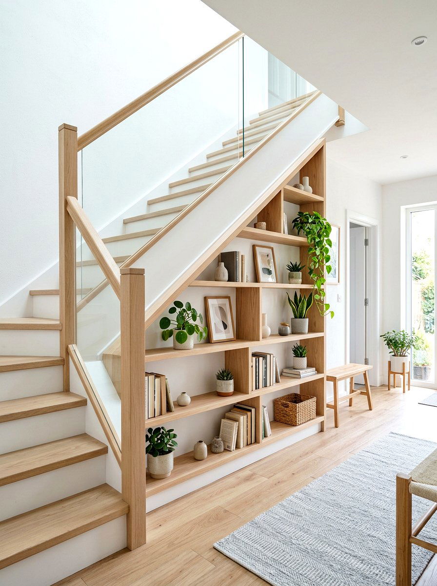 Scandi Style Light Oak Under Stair Shelves - 30 under staircase bookshelf ideas
