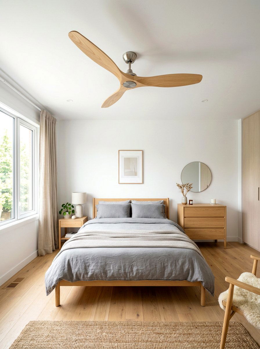 Scandi Style Light Wood Fan - 30 bedroom ceiling fan ideas