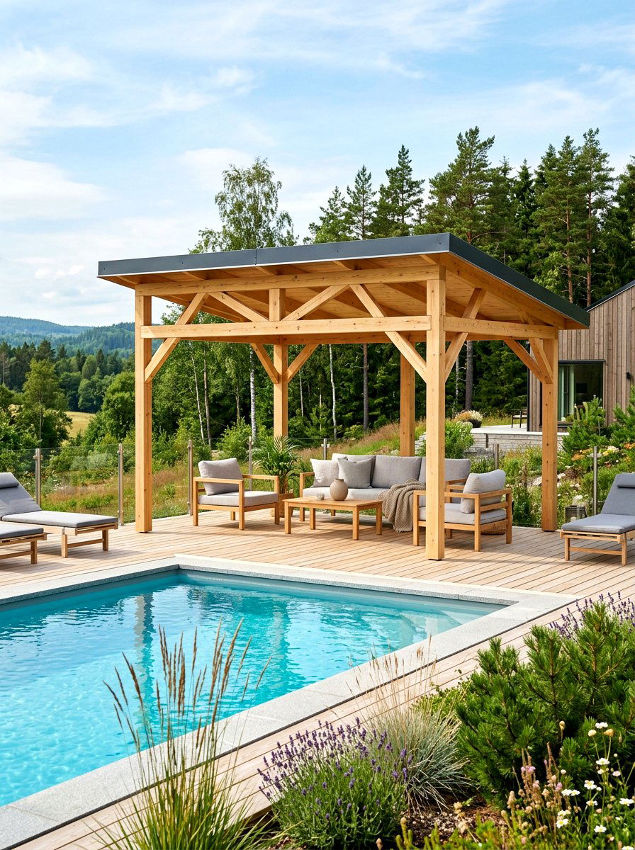 Scandi Style Light Wood Gazebo - 30 poolside gazebo ideas