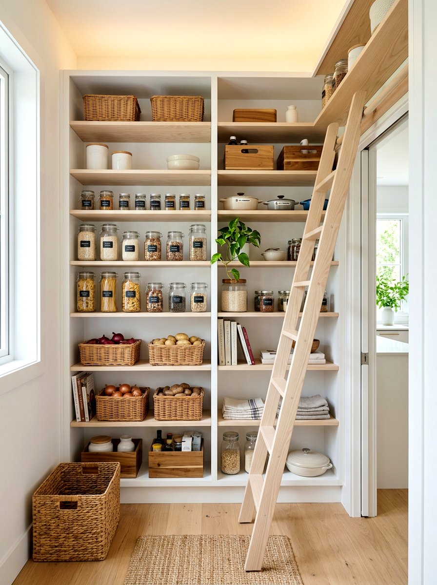 Scandi Style Pantry With Light Wood Ladder - 30 pantry with library ladder ideas