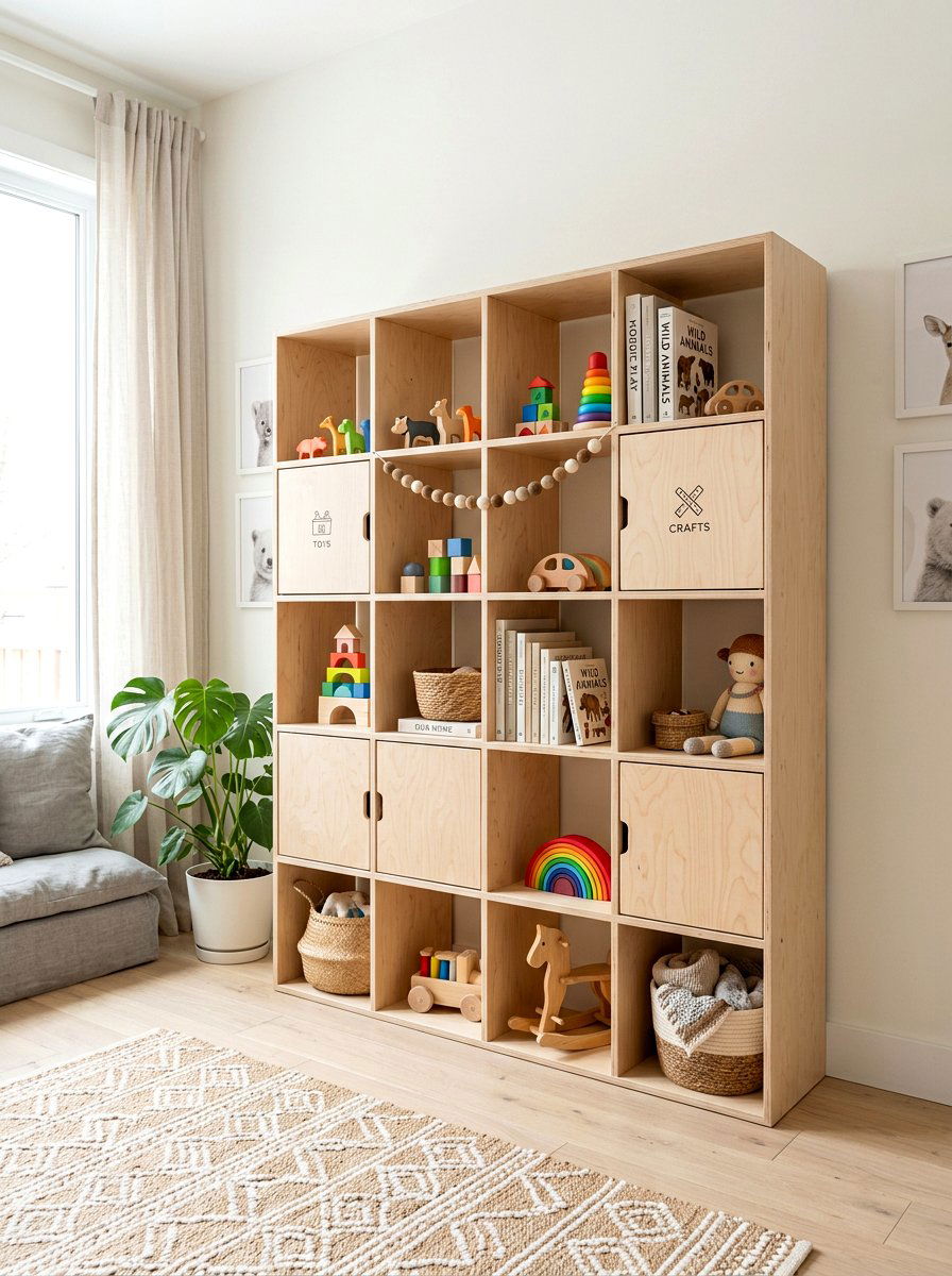 Scandi Style Plywood Shelf - 30 playroom bookshelf ideas