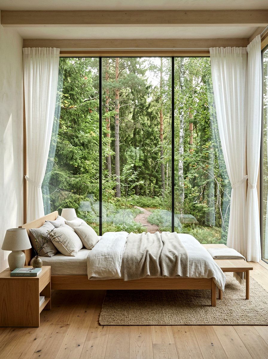 Scandi bedroom floor to ceiling windows - 30 Scandinavian bedroom ideas