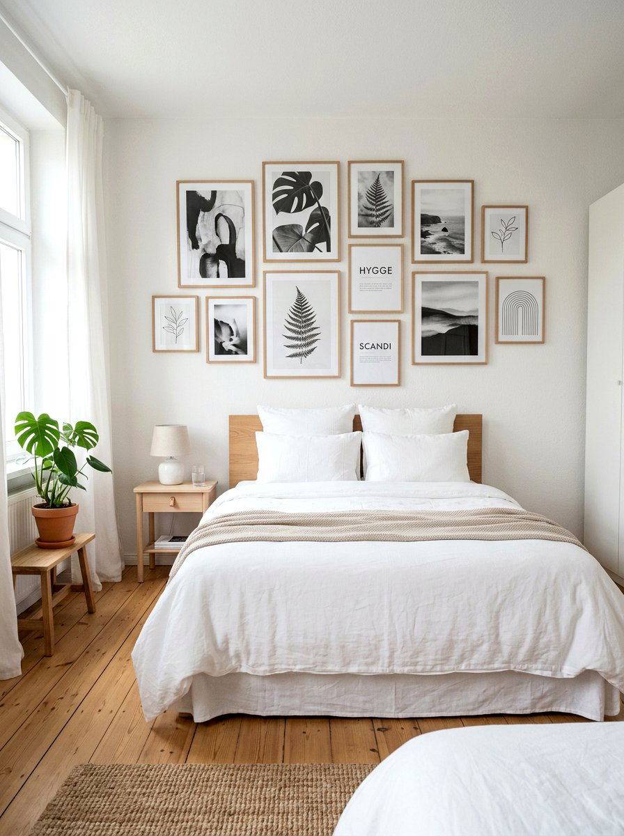 Scandi bedroom gallery wall - 30 Scandinavian bedroom ideas