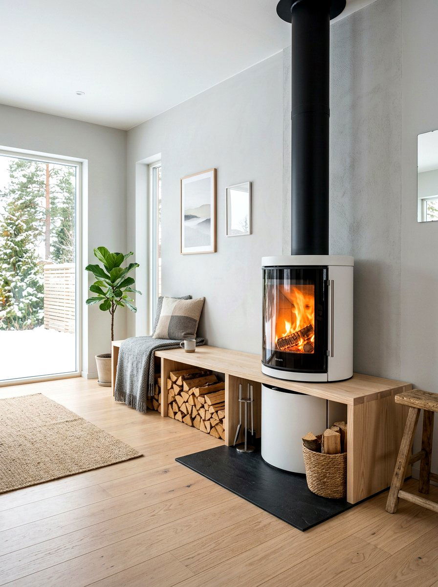 Scandi fireplace wood bench - 30 hearth seating ideas