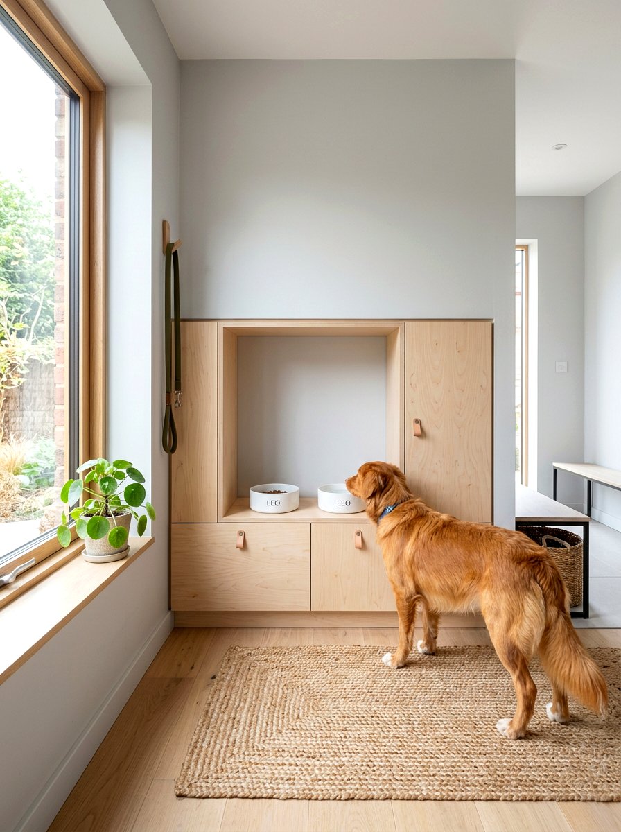 Scandi style dog feeding area - 30 pet station kitchen ideas