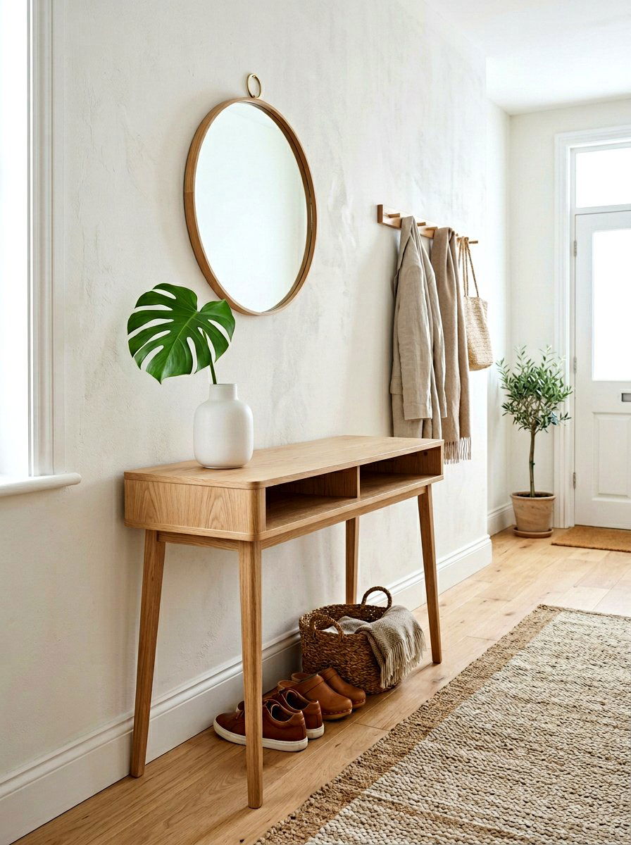 Scandi style entryway table - 30 hallway console styling ideas