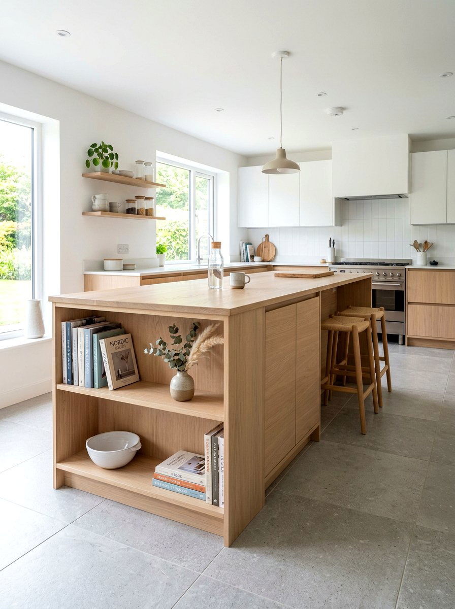 Scandi style light oak island storage - 30 island bookshelf ideas
