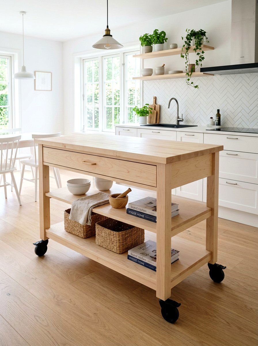 Scandi style light wood kitchen island on wheels - 30 movable kitchen island ideas