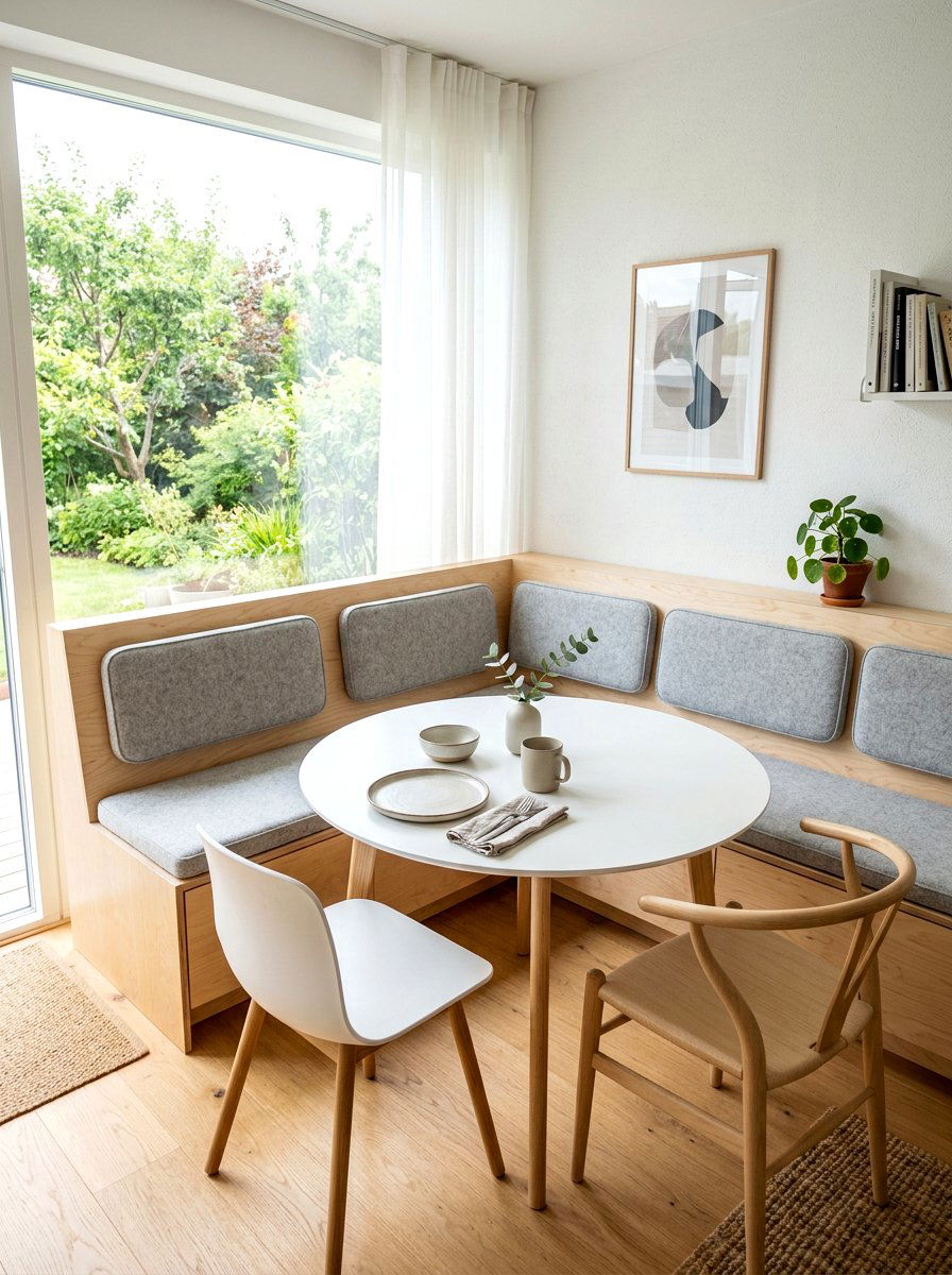 Scandi style light wood seating - 30 curved banquette dining ideas