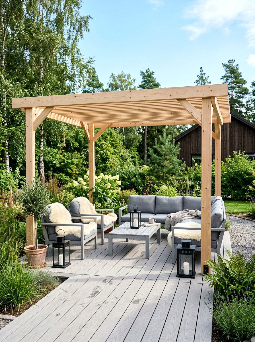 Scandi style pergola - 30 pergola lounge area ideas