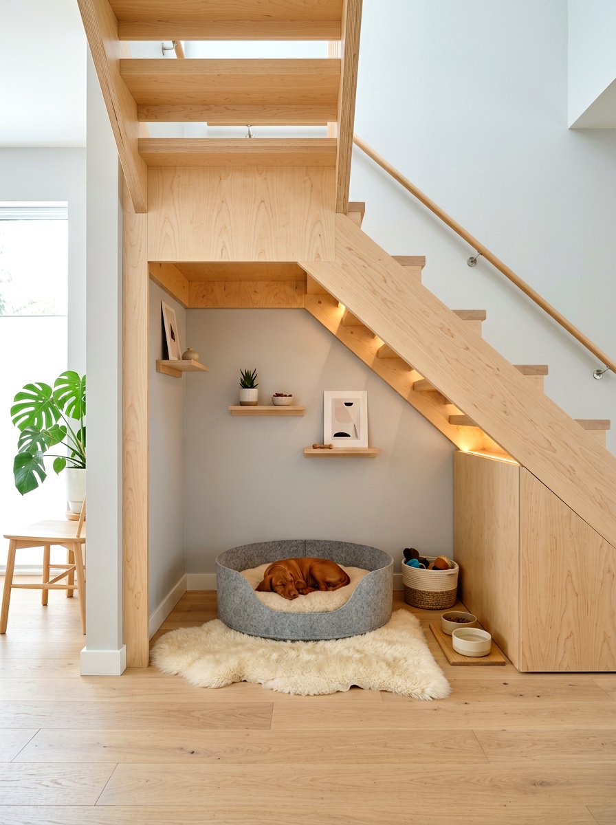 Scandi style pet retreat - 30 under stairs pet room ideas aesthetic