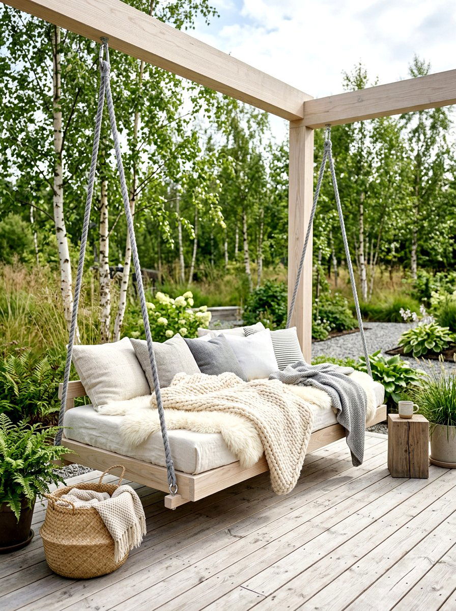 Scandi style swing bed - 30 porch swing bed ideas