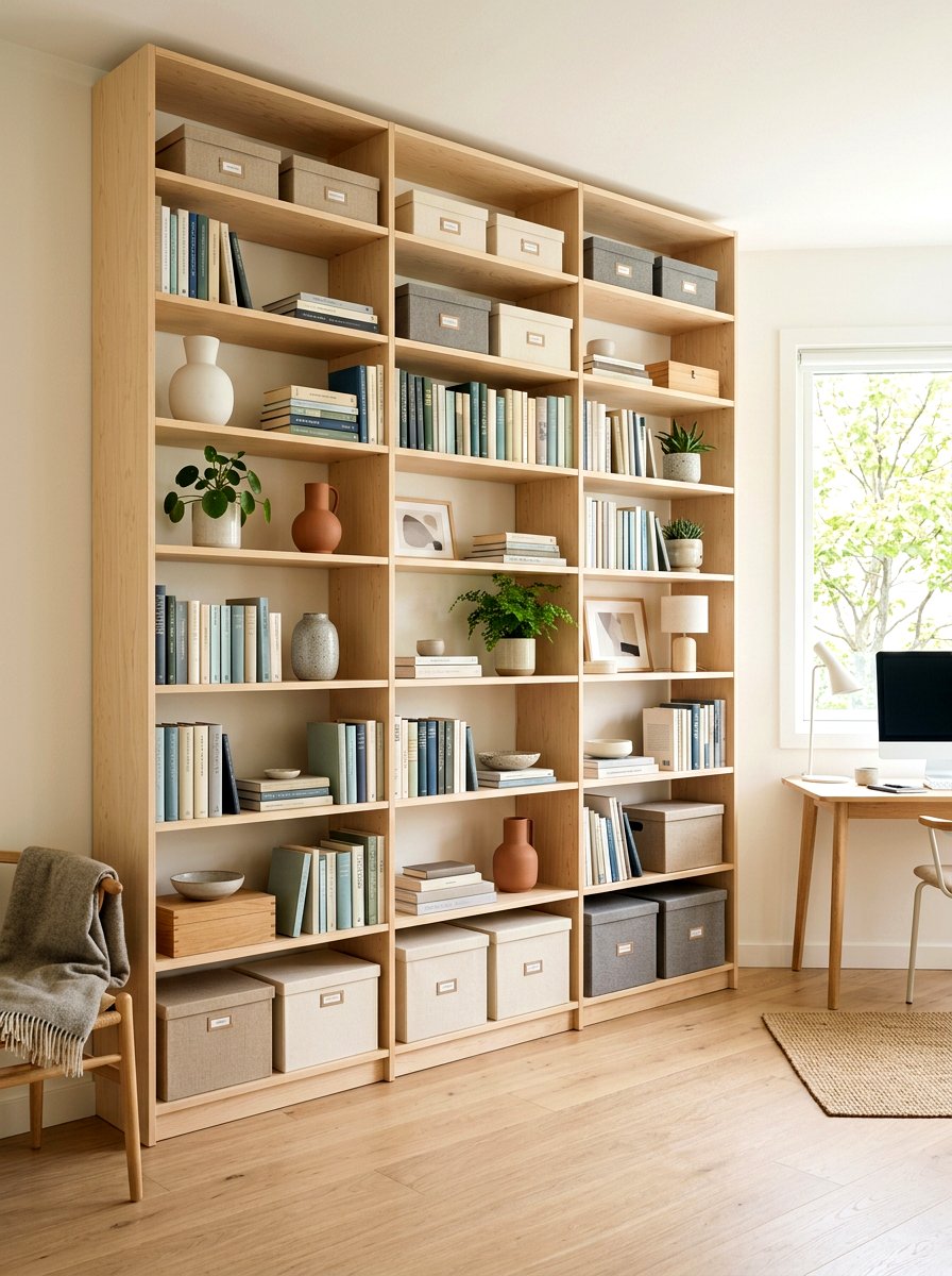 Scandi style wooden bookshelves - 30 office bookshelf styling ideas