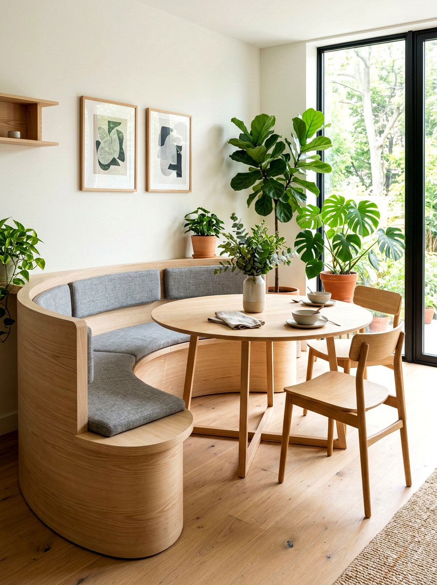 Scandi wood curved banquette - 30 curved banquette ideas