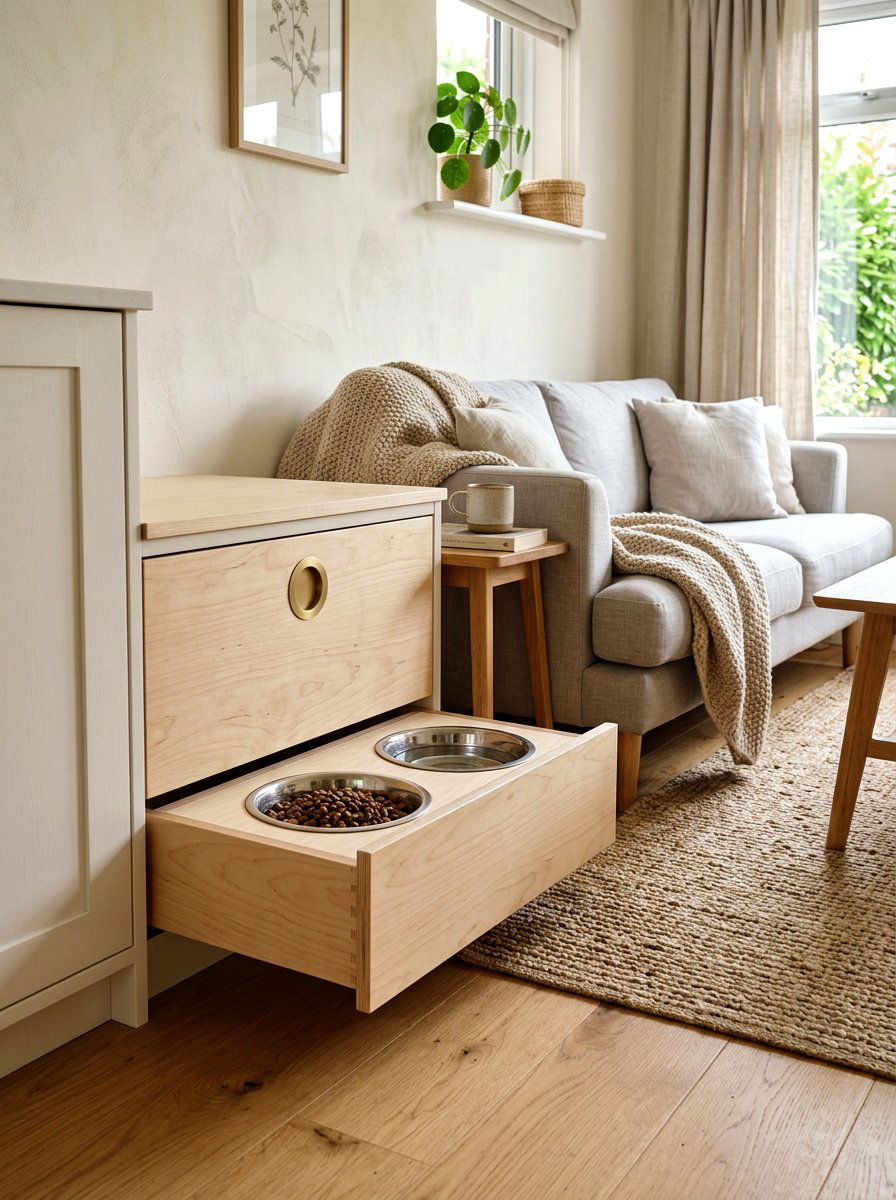 Scandinavian Design Dog Bowl Drawer - 30 pet feeding drawer ideas aesthetic