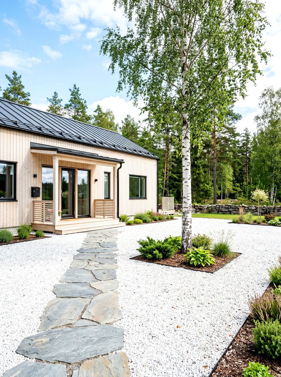 Scandinavian Front Yard - 30 white gravel front yard ideas