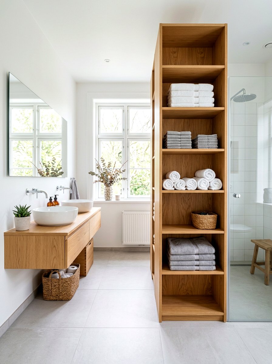 Scandinavian Light Wood Storage - 30 bathroom linen shelf ideas