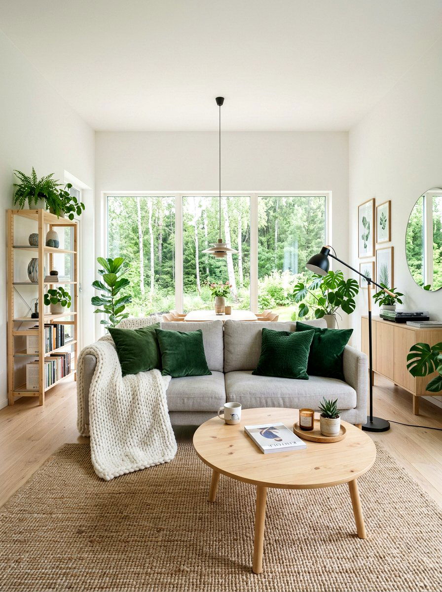 Scandinavian Living Room With Forest Green Cushions And Light Wood - 30 forest green and brown living room ideas