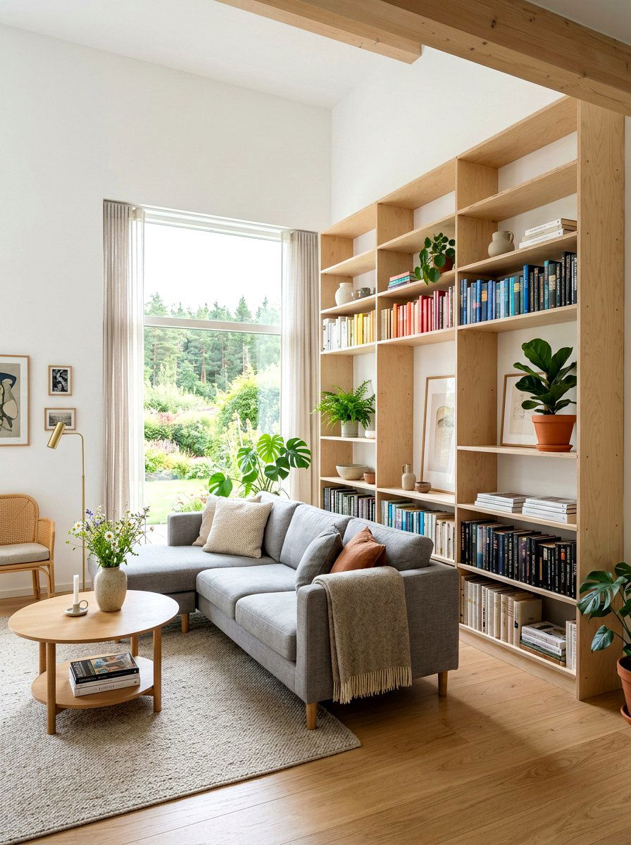 Scandinavian Style Plywood Bookshelves - 30 book wall living room ideas