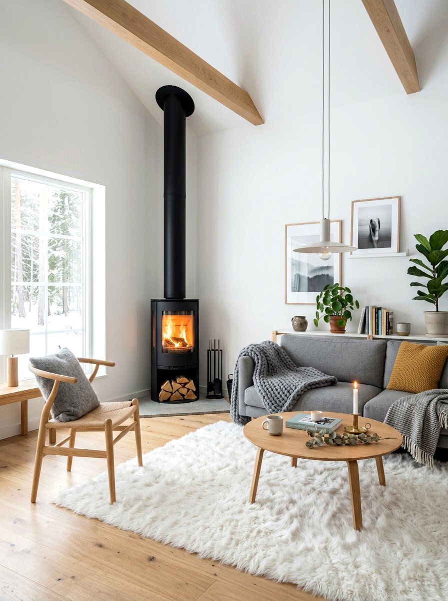 Scandinavian White Living Room - 30 corner fireplace ideas