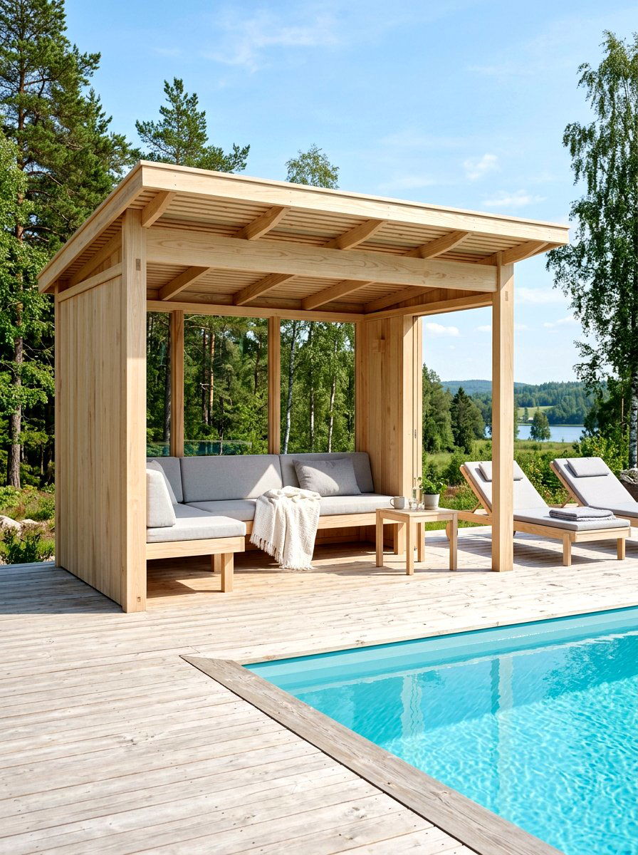 Scandinavian Wood Pool Cabana - 30 poolside daybed cabana ideas