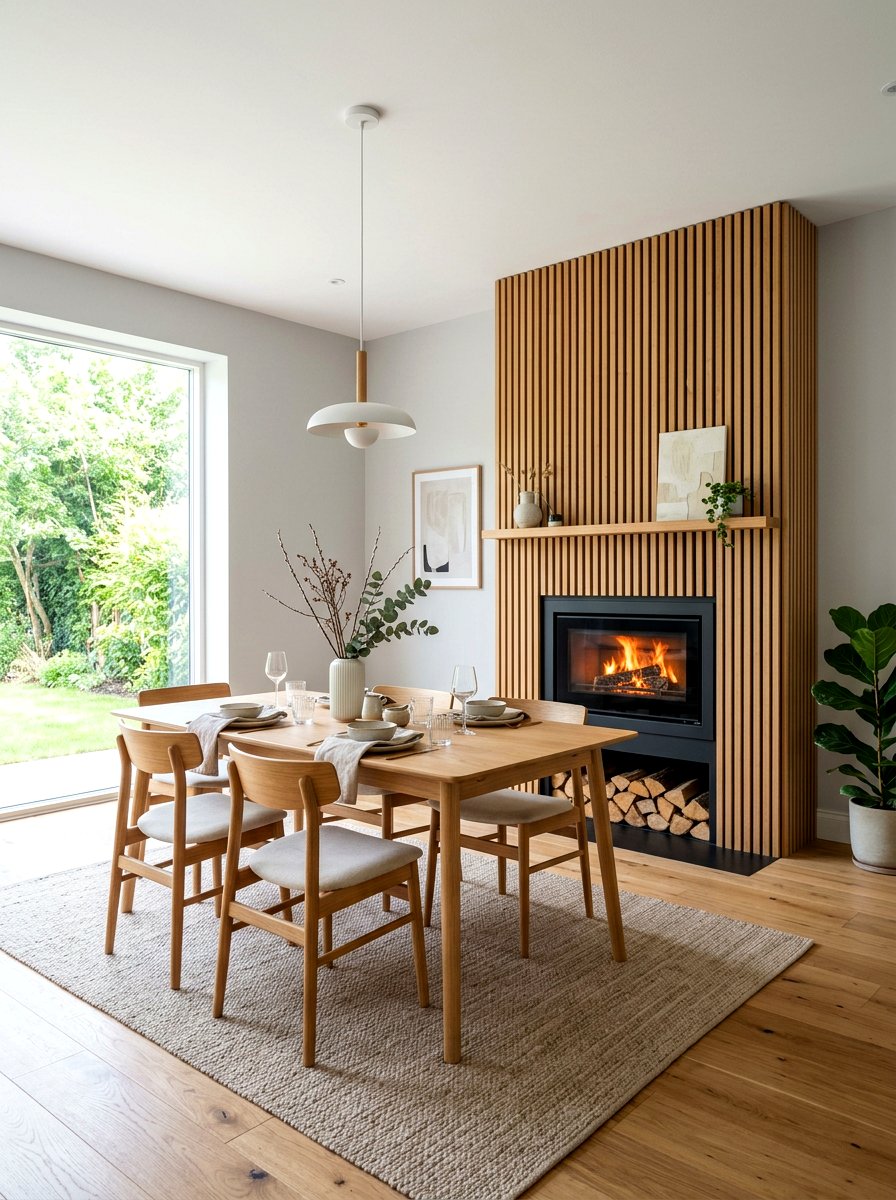 Scandinavian Wood Slat Fireplace - 30 dining room fireplace wall ideas