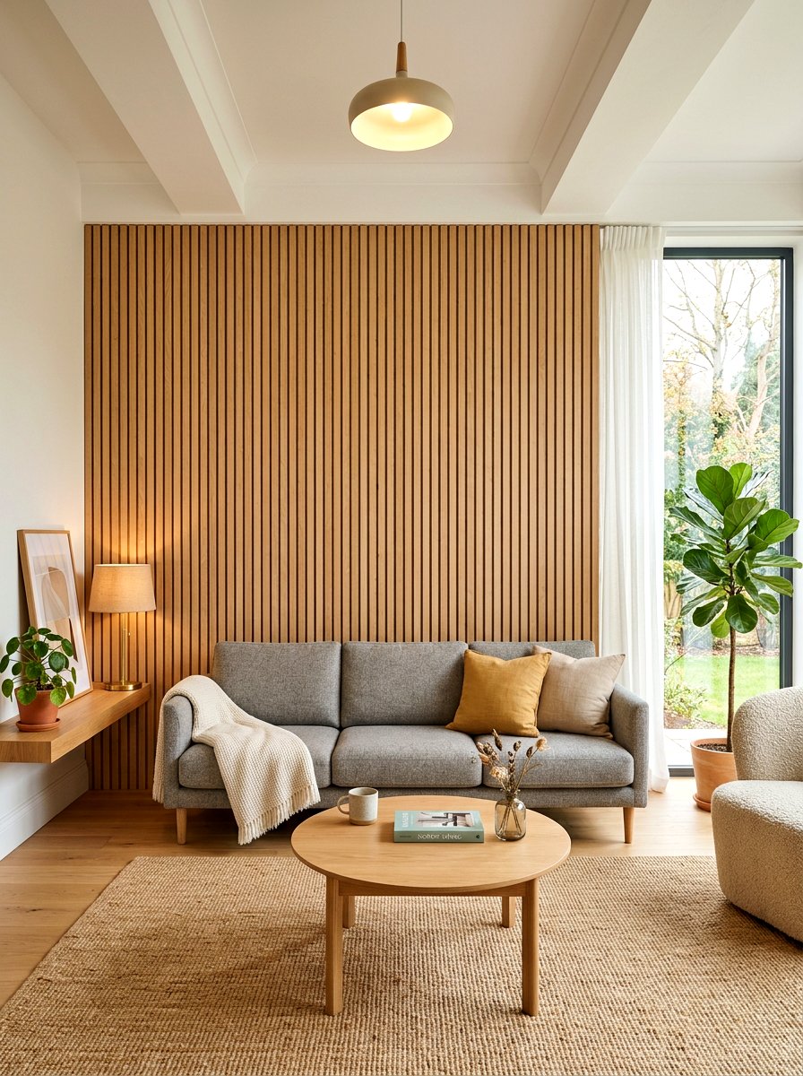 Scandinavian Wood Slat - 30 tall ceiling living room ideas