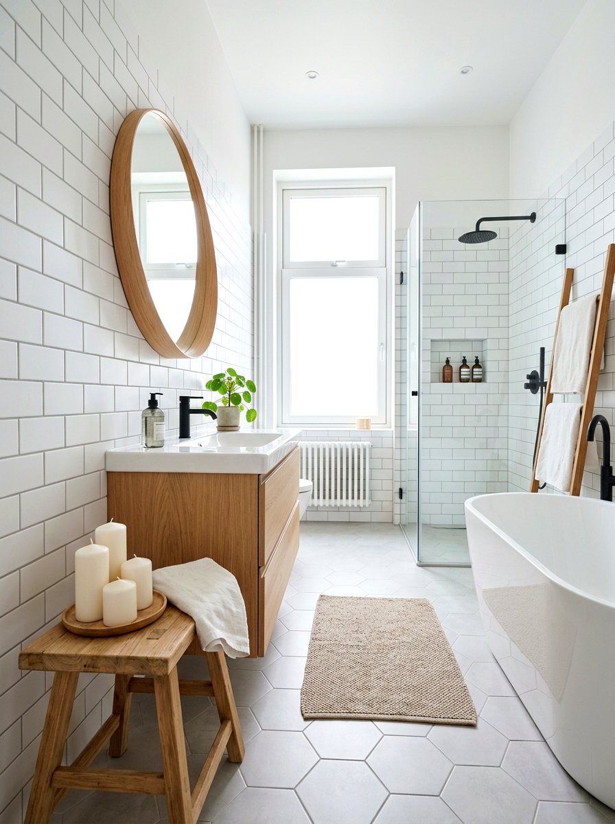 Scandinavian bathroom with simple white candles - 30 candlelit bathroom ideas