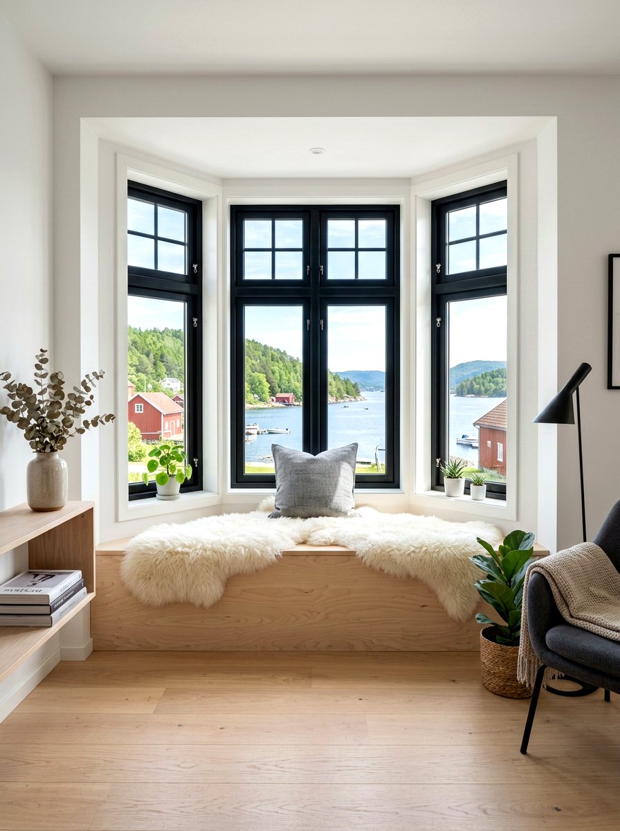 Scandinavian bay window seat - 30 bay window seating living room ideas