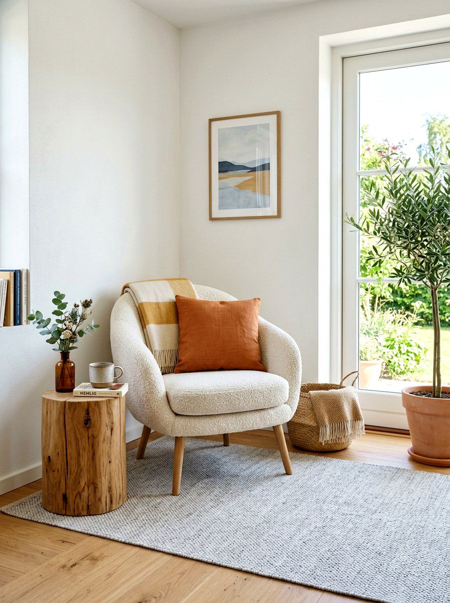 Scandinavian design boucle chair nook - 30 boucle chair corner ideas