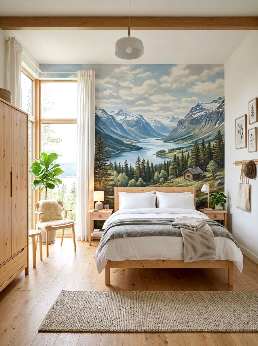Scandinavian landscape wall mural - 30 landscape mural bedroom ideas