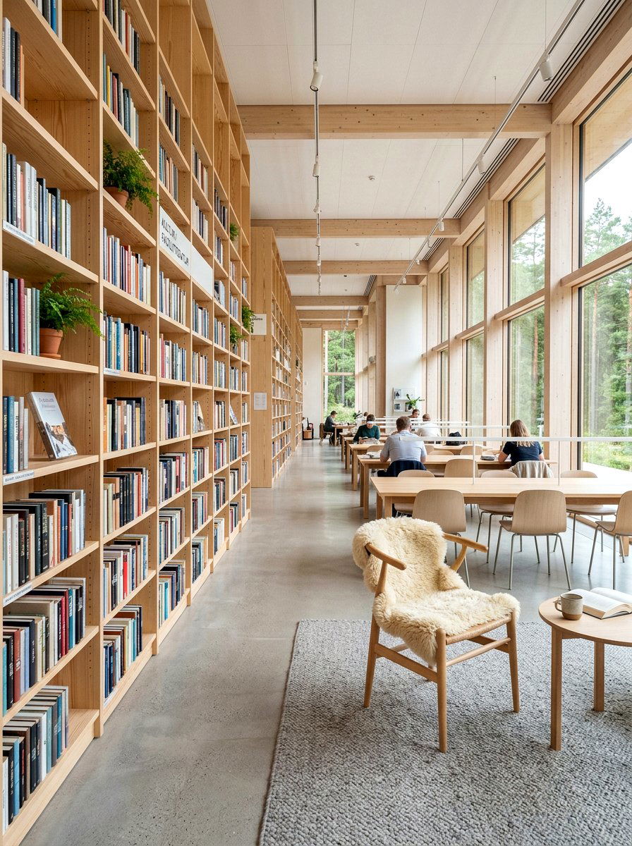 Scandinavian library light wood - 30 cozy library fall ideas