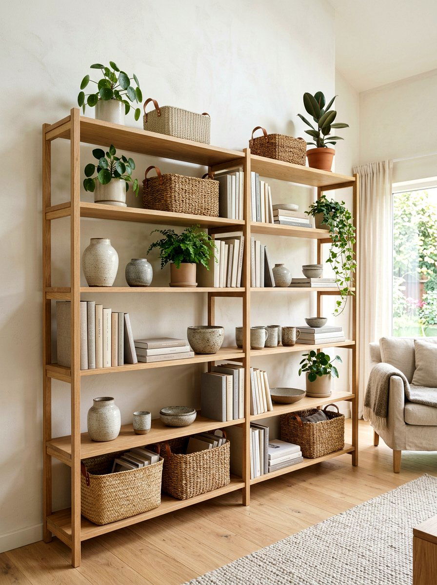 Scandinavian light wood bookshelf - 30 bookshelf styling living room ideas