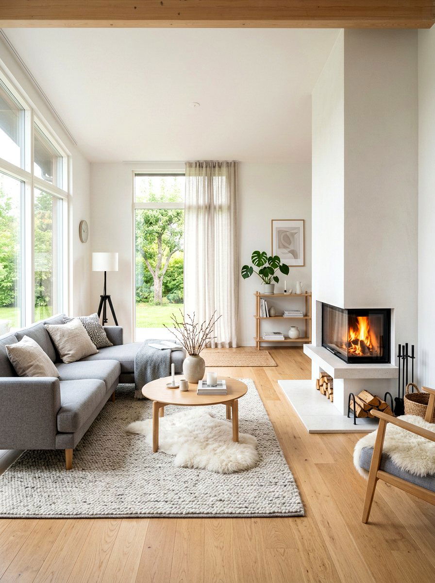 Scandinavian living room with corner fireplace - 30 off center fireplace ideas