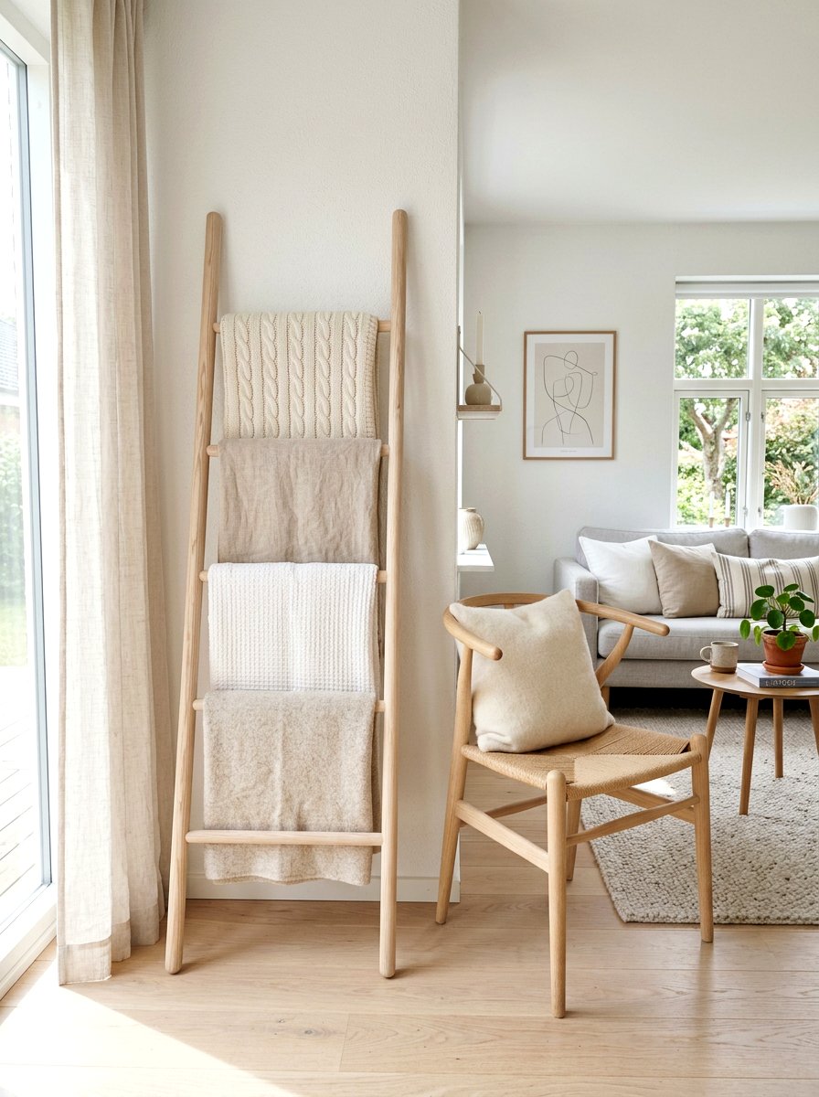 Scandinavian style blanket ladder - 30 corner ladder blanket ideas