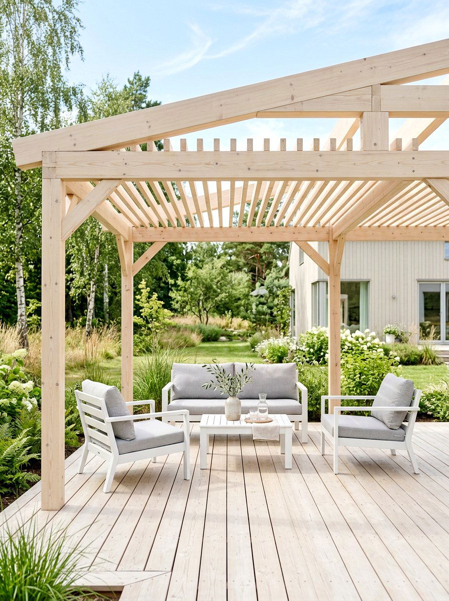 Scandinavian style light wood pergola - 30 pergola lounge patio ideas