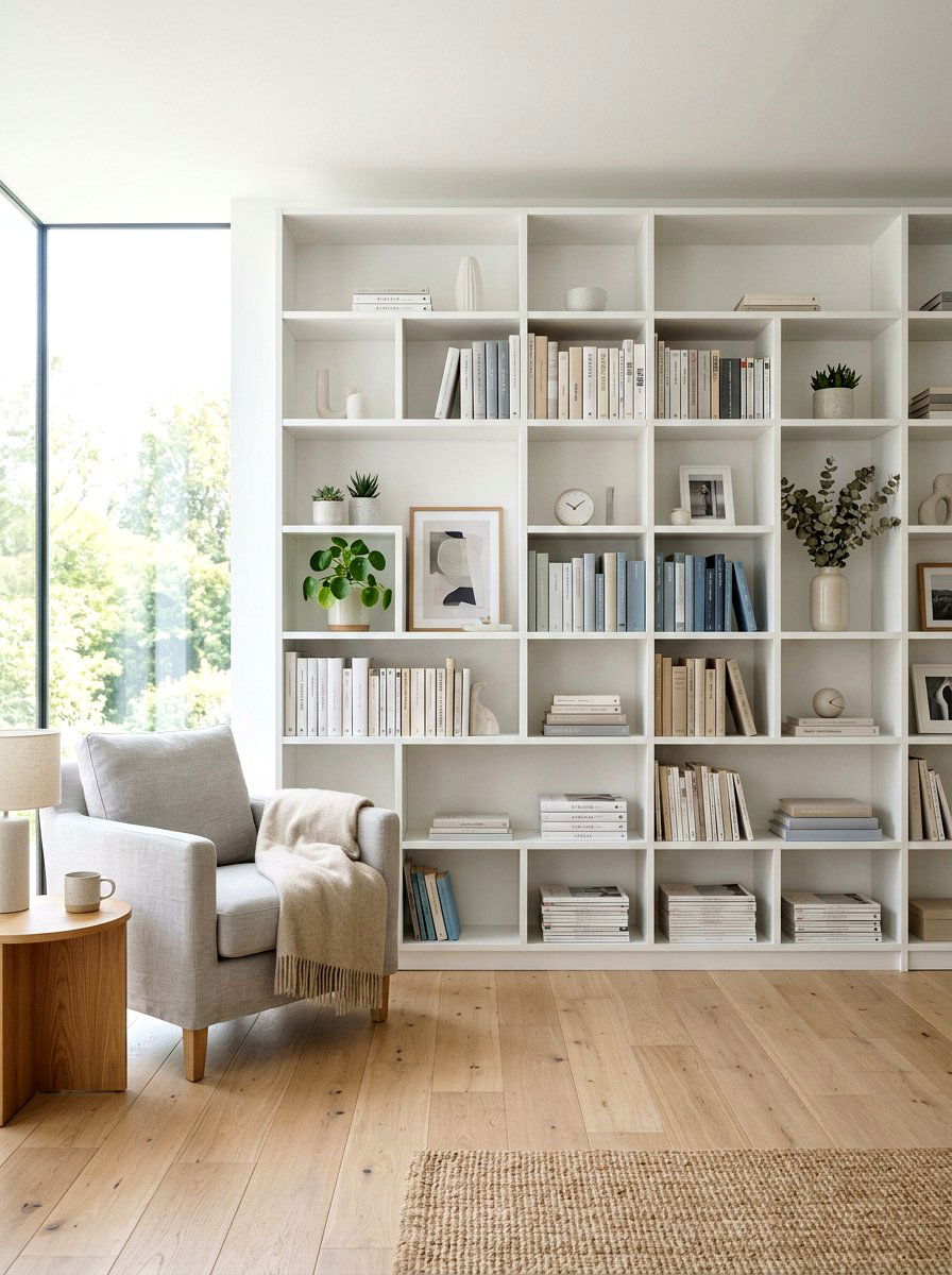 Scandinavian style white bookshelf - 30 library wall ideas