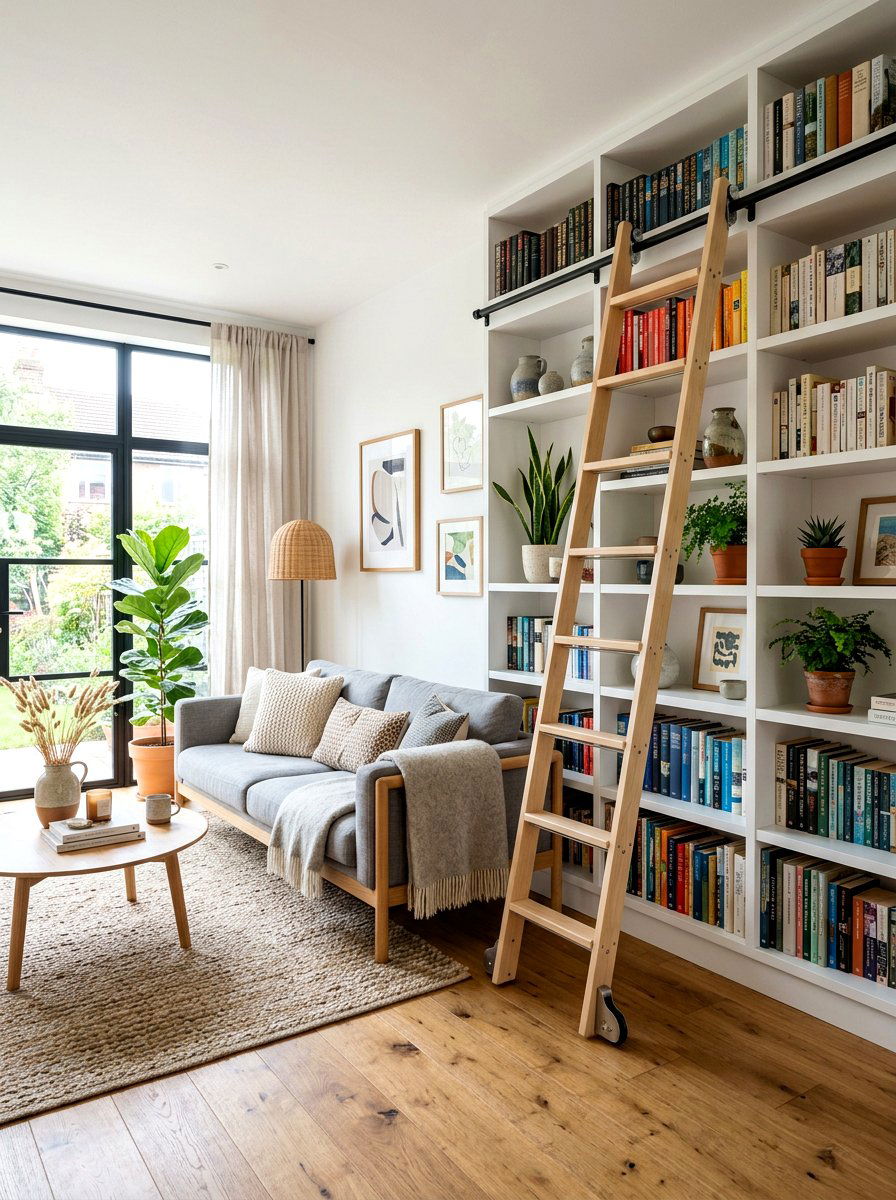 Scandinavian style white bookshelf - 30 library ladder ideas