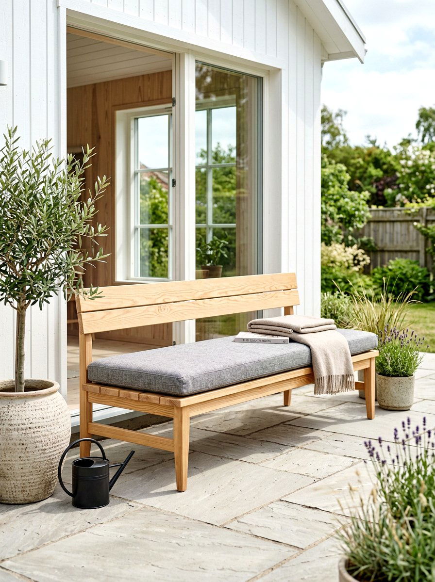 Scandinavian style wooden bench - 30 apartment patio entertaining ideas