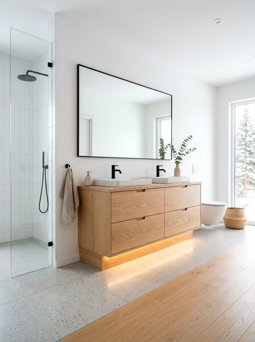Scandinavian vanity toe kick - 30 toe kick bathroom lighting ideas