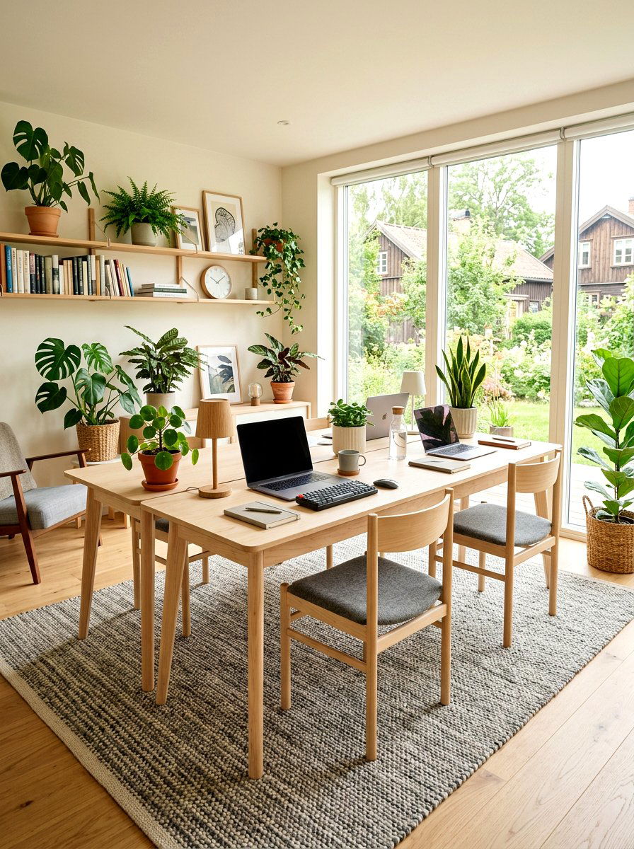 Scandinavian wood double workstation - 30 double desk office ideas