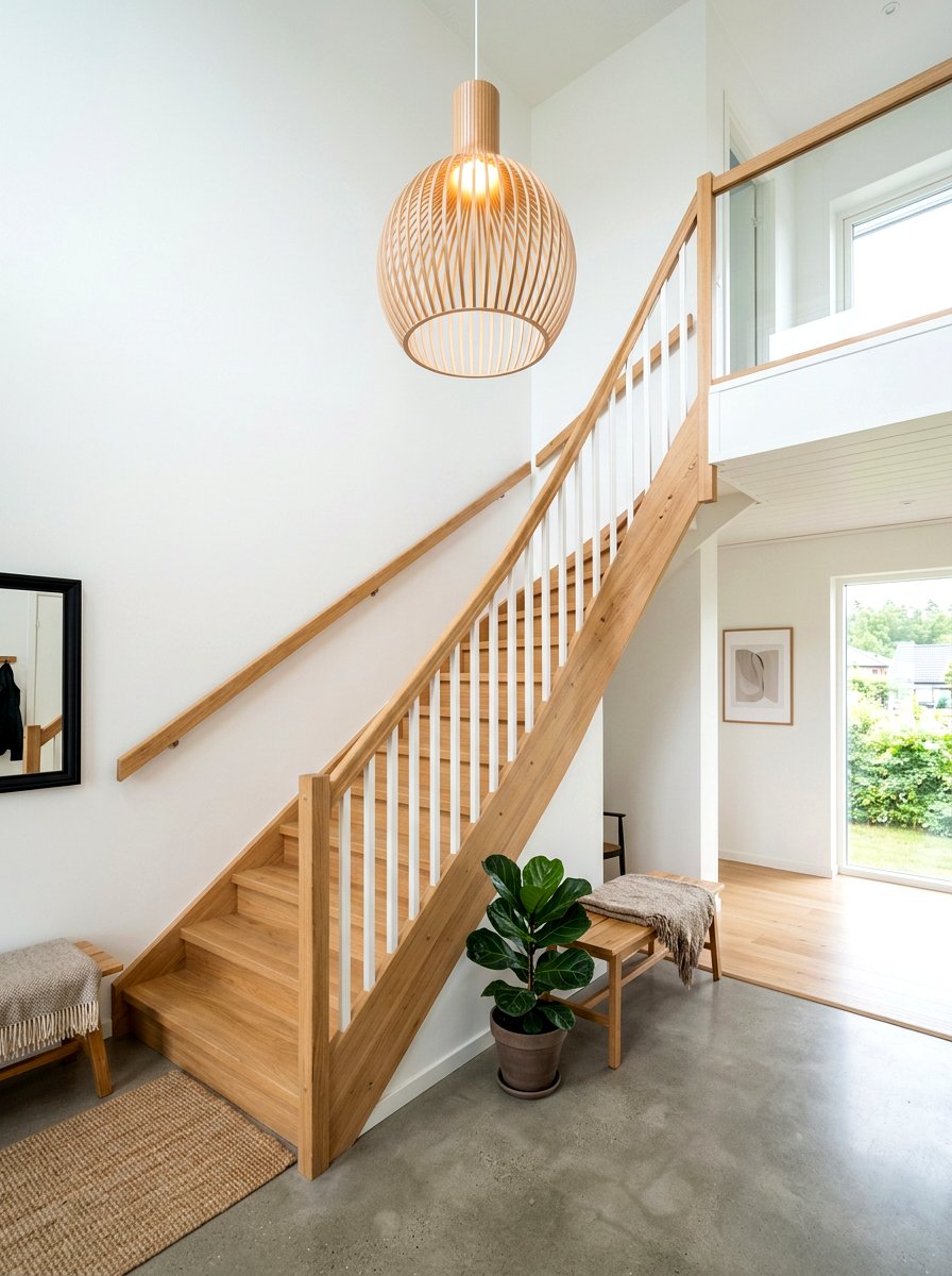 Scandinavian wood slat pendant light - 30 statement staircase lighting ideas