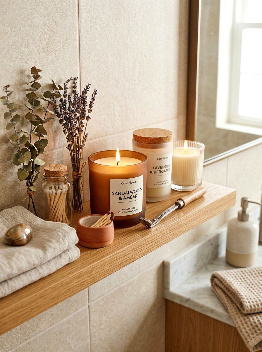 Scented soy candles - 30 spa shelf styling bathroom ideas