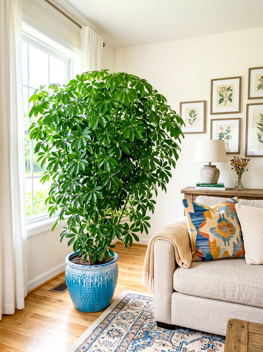 Schefflera Umbrella Tree Display - 30 corner plant living room ideas