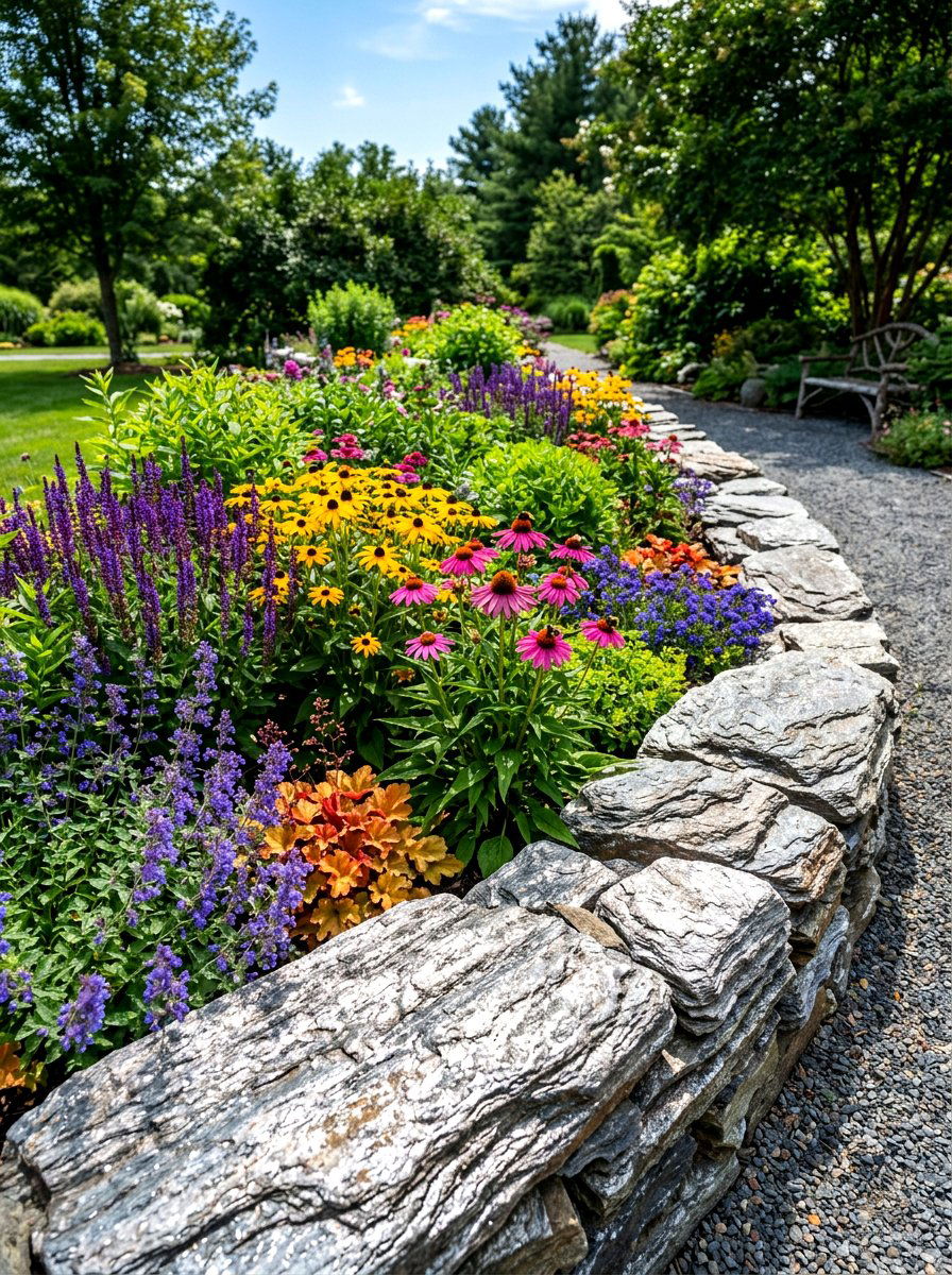 Schist rock flower bed - 30 stone mulch border ideas